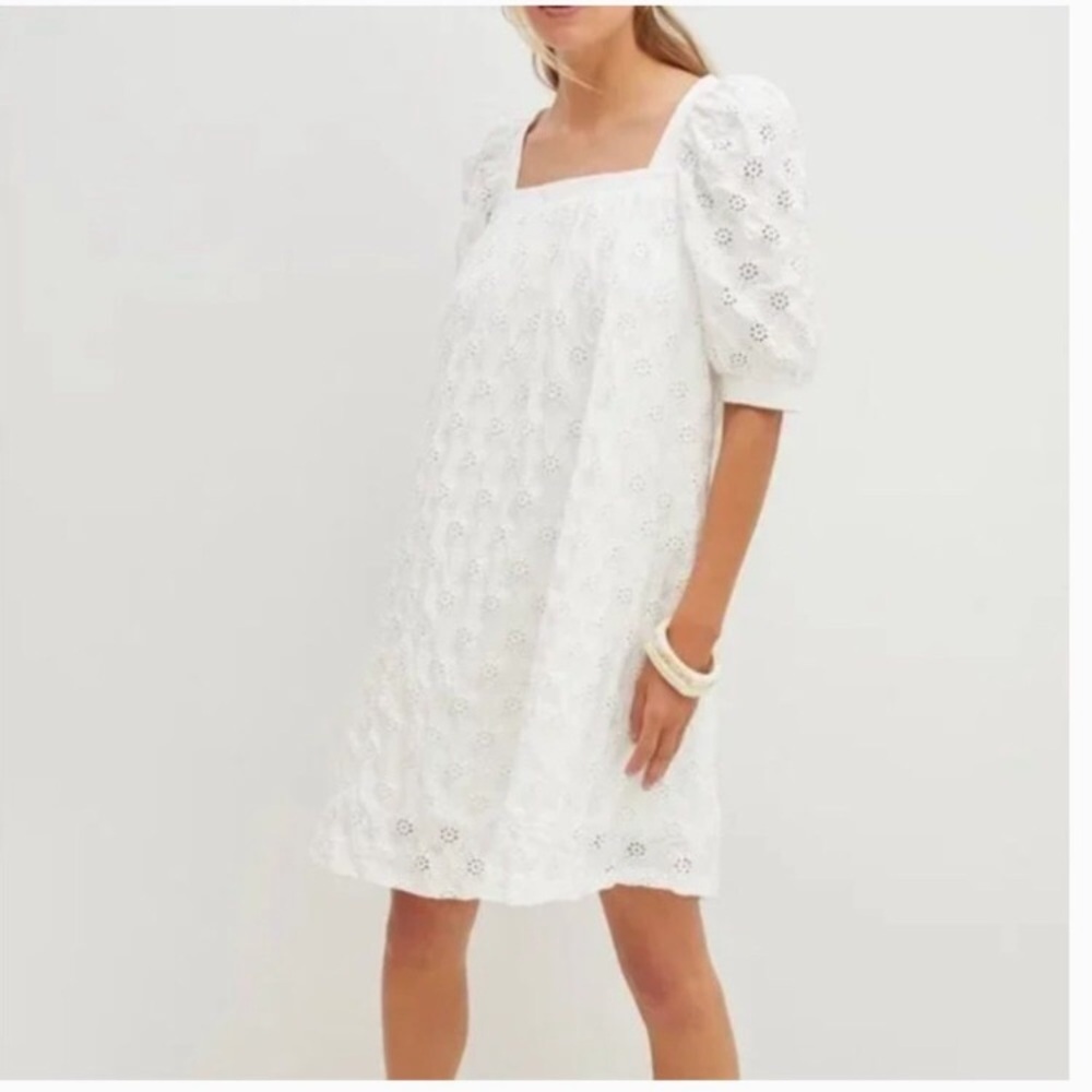 Maeve Anthropologie White Eyelet Puff-Sleeve Square-Neck Dress